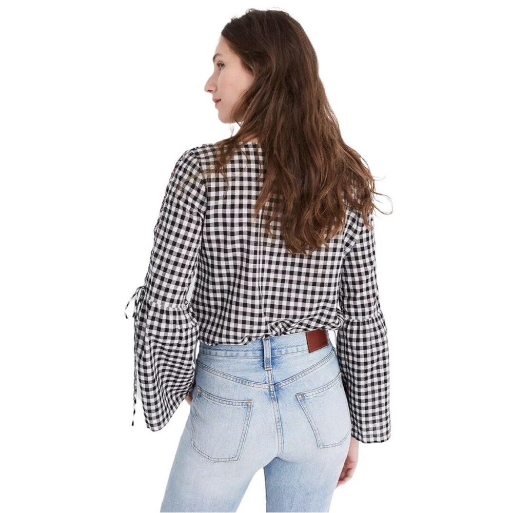 Madewell Gingham Lace Up Bell Sleeve Top Size Medium
